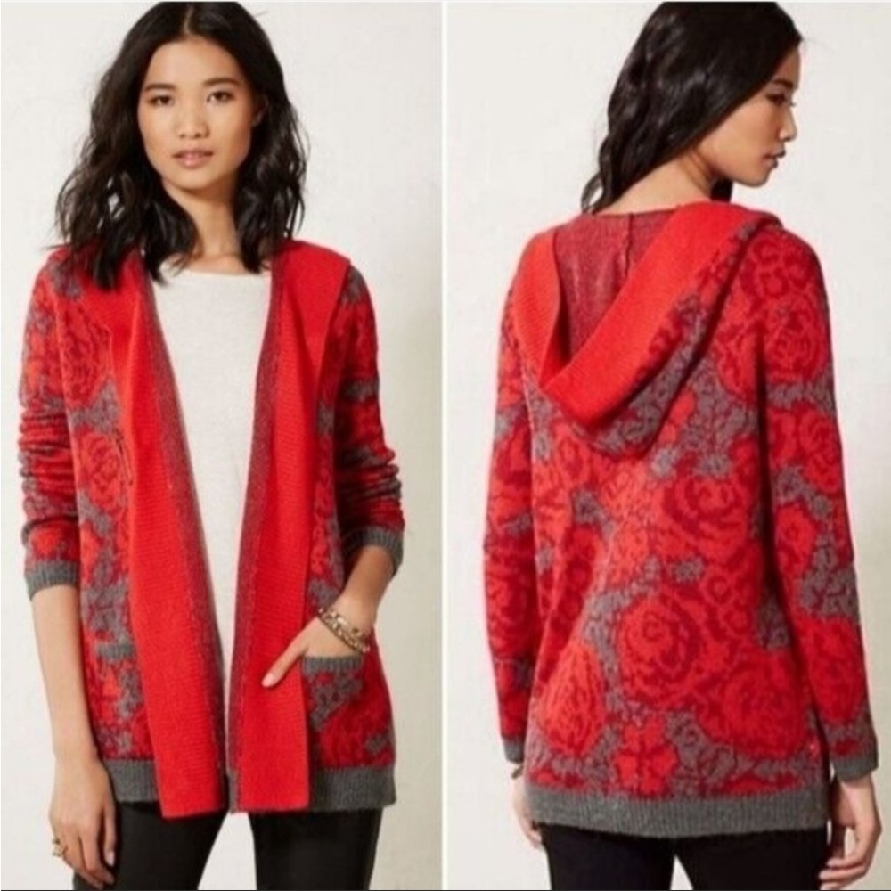 Anthropologie Sparrow Hooded Cardigan Sweater Red Floral Mohair Pockets M